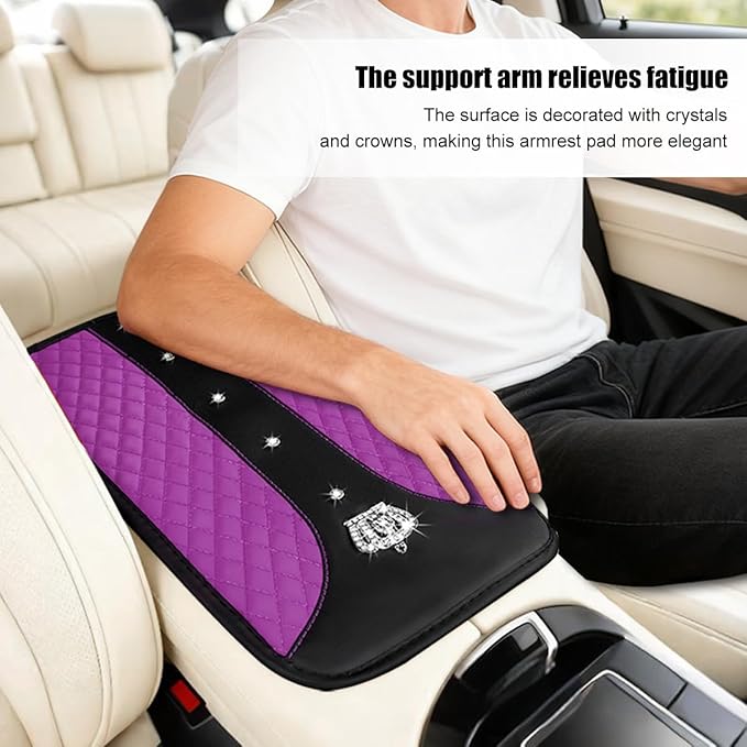 Bling Car Center Console Cover, Crown Crystal Rhinestones Vehicle Armrest Mat Protector, Anti Slip Sparkling Automotive Arm Rest Seat Box Cushion Pad Decor Accessories, Universal Fit (Purple)