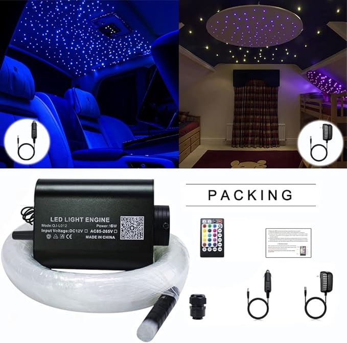 AZIMOM Bluetooth/APP LED 16W RGBW Fiber Optic Light Star Ceiling Kits 450pcs 0.03in 6.5ft Sensor Music Mode Remote Control Car Use Home Headliner Starlight Decoration
