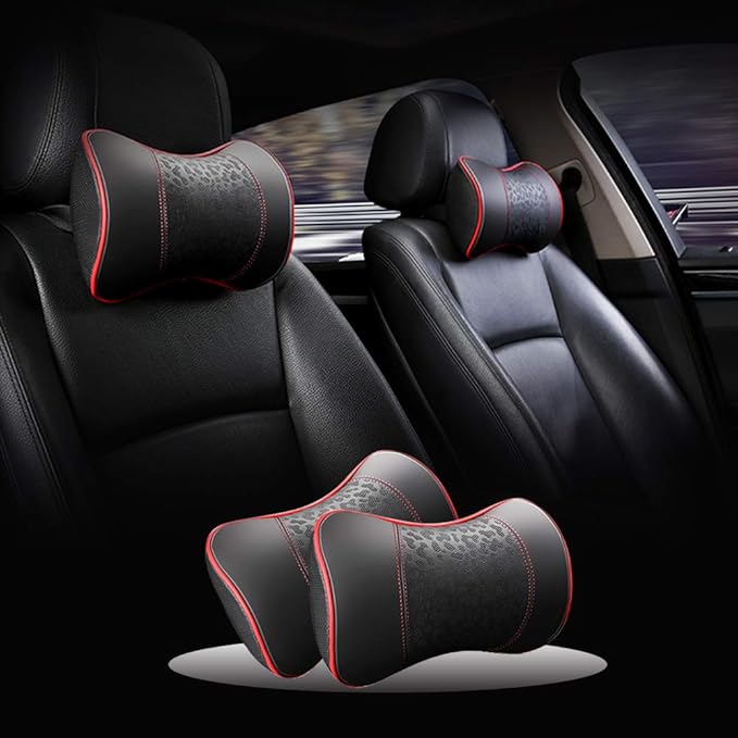 Car Leather Neck Pillows, Neck Rest Cushions,100% Memory Foam Cervical Support, Comfortable Travel car Seats and Home Office Soft Pillows, Red a Set (2 pcs)