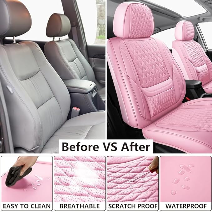 Car Seat Covers Full Set Custom Fit for Ford Taurus 1999-2018 - Premium Faux Leather with Lumbar Support | Breathable, Waterproof, Anti-Slip, Durable (Pink,Full Set)