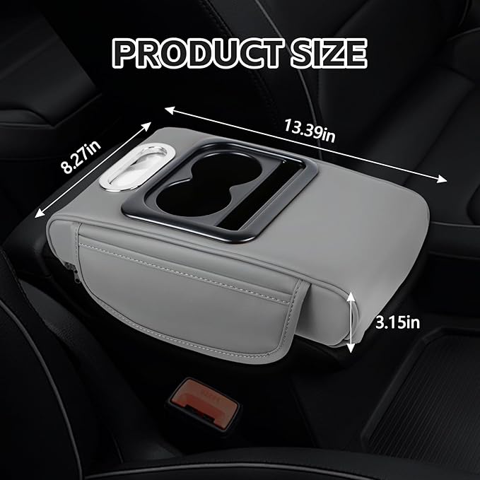 wuyaoyao Car Center Console Cover, 13.39"×8.27"×3.15" Leather Car Armrest Cover with Pocket & Tissue Box & Cup Holder, Multifunctional Auto Armrest Cushion Pad, Universal Car Accessories (Gray)