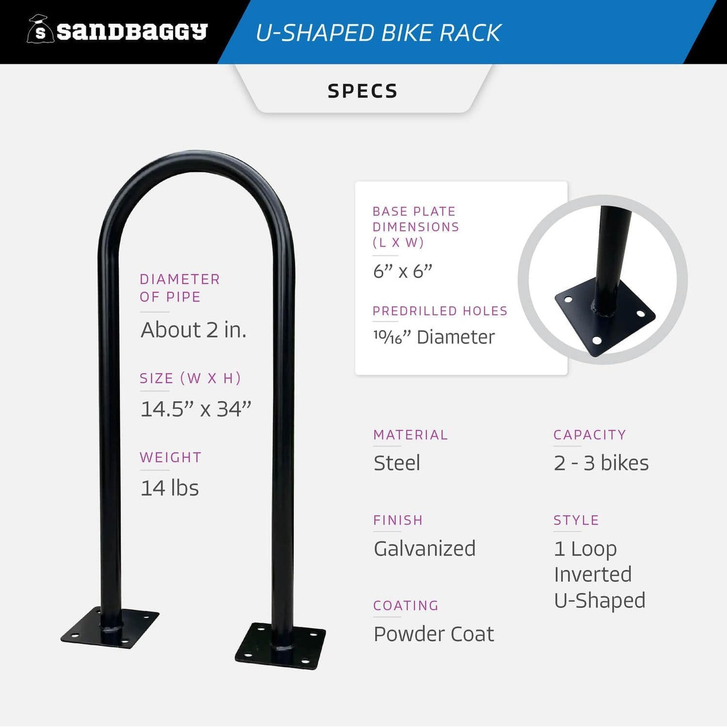 Sandbaggy Outside Bike Stand Floor - U Shaped & Commercial Standing Bike Rack - Premium Quality Galvanized Steel - Perfect Bicycle Floor Stand for Protection - Black, 14.5" x 34" - 1 Loop (20)
