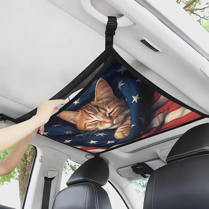 Cat USA Flag Car Roof Storage Bag Car Roof Seat Organizer Multi-Purpose Car Bag Storage Box Organizer Pouch Pocket One Size Car Travel Accessories Suitable for Cars, SUVs