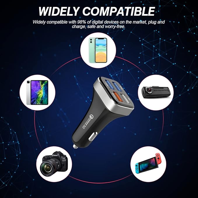 USB Car Charger Adapter, 4 Ports QC3.0 Cell Phone Fast Charger, Multi-Port Smart Quick Charger, Auto Charge Adapter for Cigarette Lighter, Compatible with iPhone, Samsung, All Smartphones