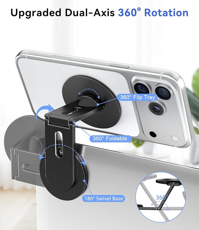 Magnetic Laptop Phone Holder, Foldable Hidden Mount Compatible with iPhone 17/16/15/14/13 & All Phone, 360° Rotating Monitor Side Phone Stand for Laptop, Tesla Model 3/Y, Desktop, Black