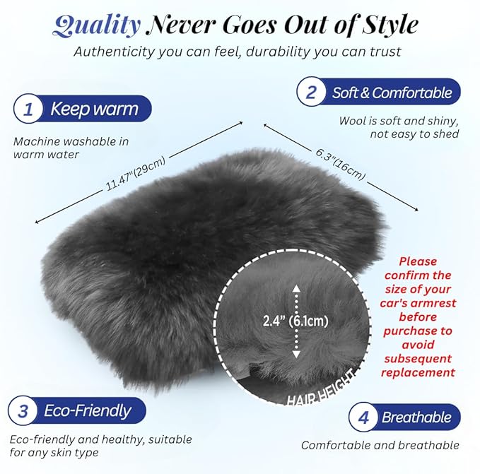 Andalus Brands Pure Australian Sheepskin Fluffy Car Center Console Cover, Luxurious Non-Shedding Furry Arm Rest Cover for Car, Versatile for All Seasons, Charcoal Grey - (11.47" X 6.3")