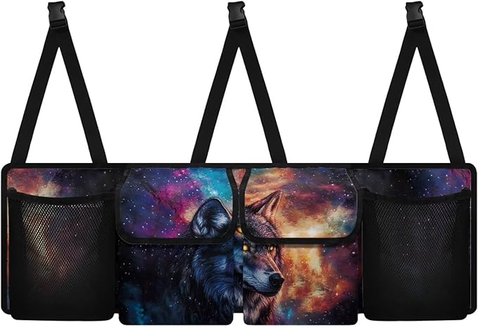 Wolf Galaxy Car Trunk Organizer with 4 Pockets Hanging Car Backseat Storage Bag Multipurpose Adjustable Car Interior Accessories for SUV Pickup Truck Van