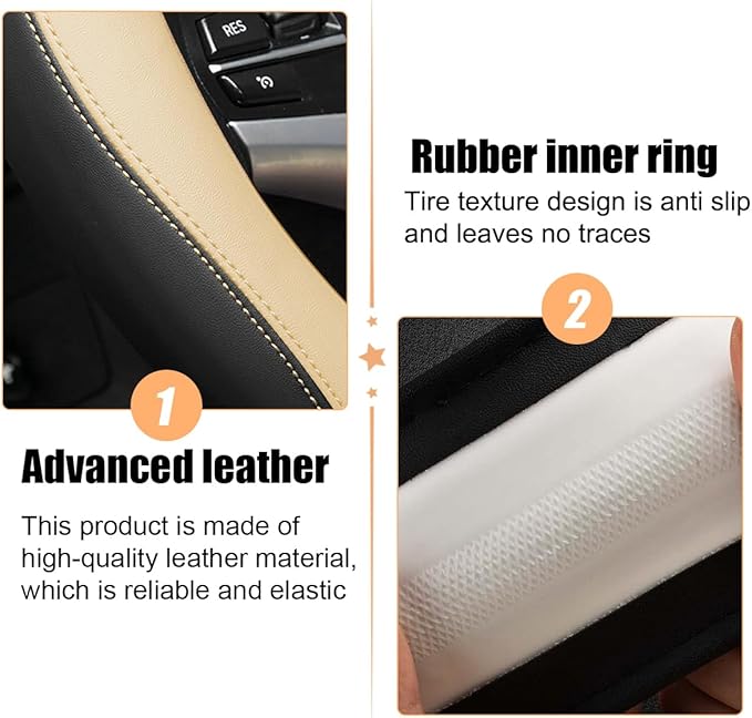 Car Steering Wheel Cover, 15 Inch Leather Anti-Slip Breathable Vehicle Steering Wheel Protecter with Comfortable Feel, Automotive Interior Accessories, Universal for SUV Sedan Truck (Beige)