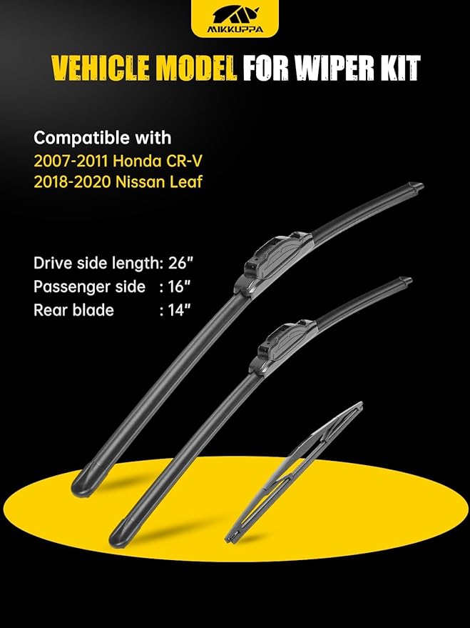 MIKKUPPA 26"+16"+14" Windshield Wipers Blades Replacement for 2007-2011 Honda CR-V, 2018-2020 Nissan Leaf, U/J HOOK Front & Rear All Season Wiper Blades Set(Pack of 3)