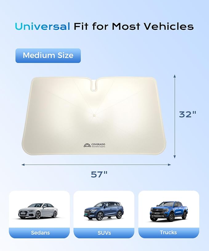 [2025 Upgrade] Coverado Windshield Sun Shade, UPF80+ Sunshade for Car Windshield Blocks Heat & UV Rays, Thickened Vinyl Coating Keep Cool Protect Interior, M 57”x32” for Sedans/SUVs