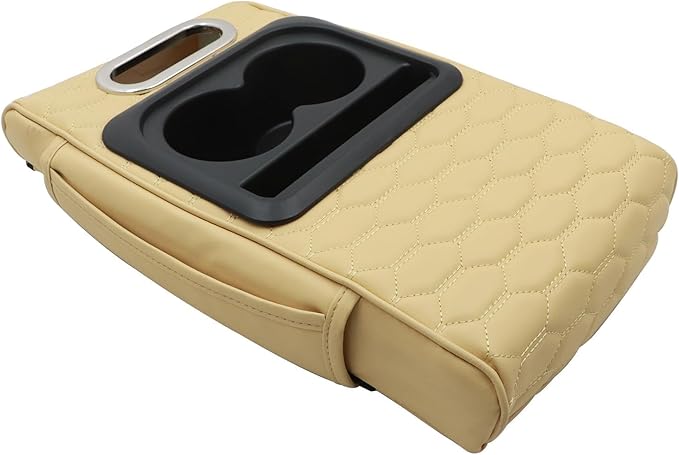 Priprilod Beige Car Center Console Armrest Pillow, Memory Foam with Cup Holder and Cell Phone Holder, Multifunctional Car Center Console Organizer, Universal Fit for Most Car Interior Accessories