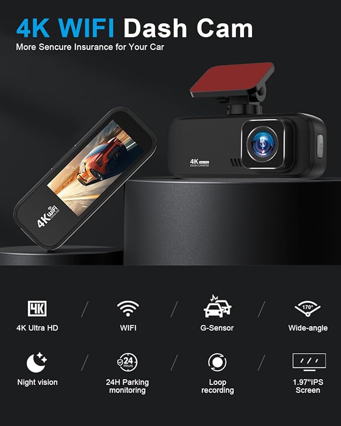 Dash Cam 4K Front, Ultra HD Dash Camera for Cars, 1.97''IPS Screen Mini Car Camera with APP Control, Built-in Wi-Fi & G-Sensor, 24H Parking Mode, Night Vision, WDR, Loop Recording, Support 256GB Max