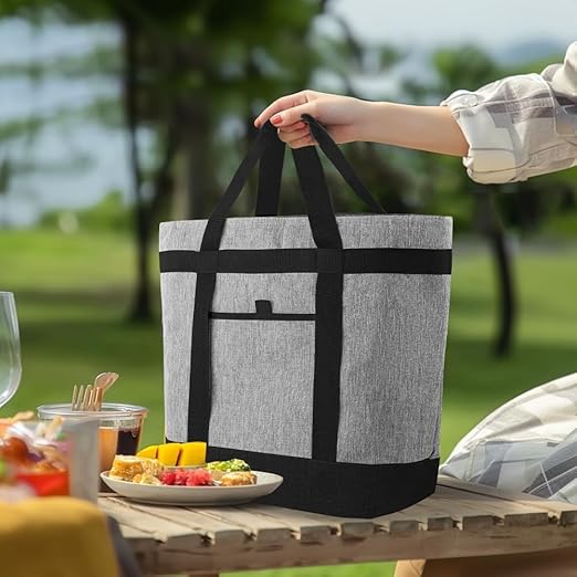 CIVJET Insulated Cooler Bag, 1PK Insulate Tote Bag for Grocery Shopping, Cooler Bags Insulated for Travel/Picnic, Pizza/Food Delivery Bag to Keep Food Cold/Hot (Cationic Cloth, Non-Waterproof, Grey)