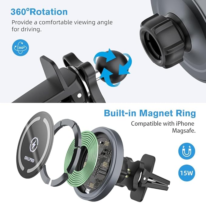 OHLPRO for MagSafe Car Mount Charger iPhone Wireless Car Charger, Stick on Dashboard Magnetic Phone Holder Mount for iPhone 17 Pro Max 16 15 14 Series, 15W Fast Charging, Aluminum Shell