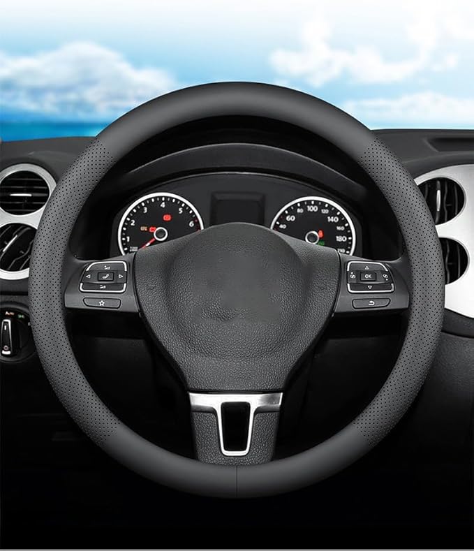Leather car Steering Wheel Cover, Ultra-Thin, Non-Slip, for Men and Women, Round/D-Shaped, wear-Resistant in All Seasons, Universal Interior Decoration Accessories Grip Cover (Round Type)