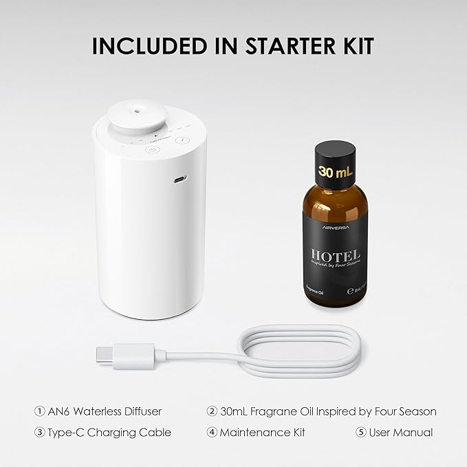 Waterless Essential Oil Diffuser Starter Kit with 30mL Hotel Fragrance Oil Inspired by Four Season, Battery Operated Car Diffuser, Portable Aroma Nebulizer for Home Car Office, AN6Kit-B, White