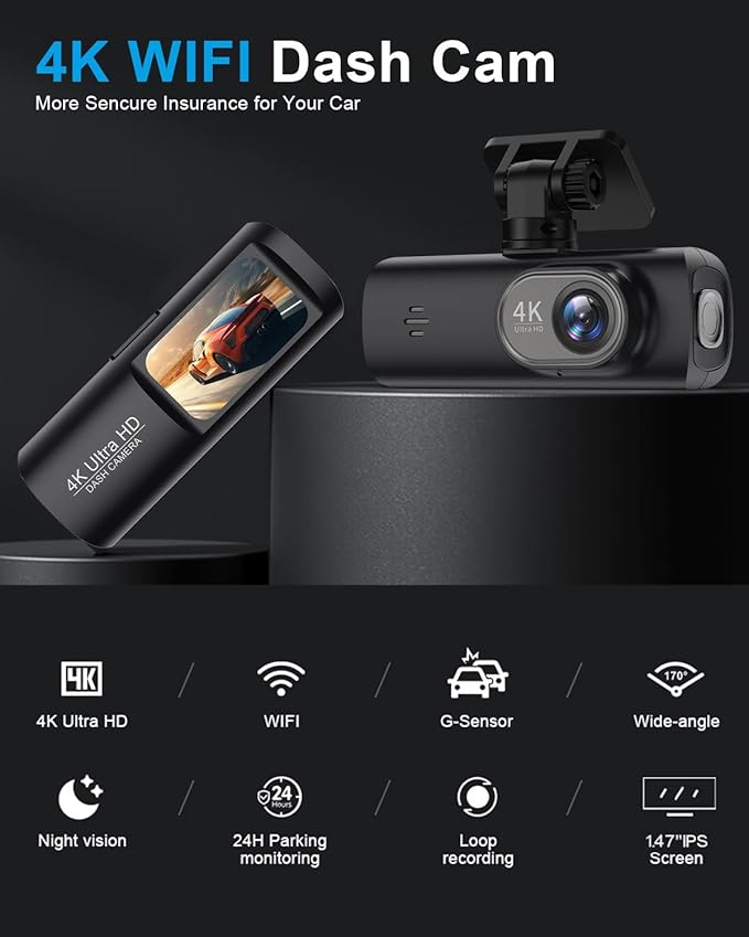 Dash Cam 4K Front, Ultra HD Dash Camera for Cars, 1.47''IPS Screen Mini Car Camera with APP Control, Built-in Wi-Fi & G-Sensor, 24H Parking Mode, Night Vision, WDR, Loop Recording, Support 256GB Max