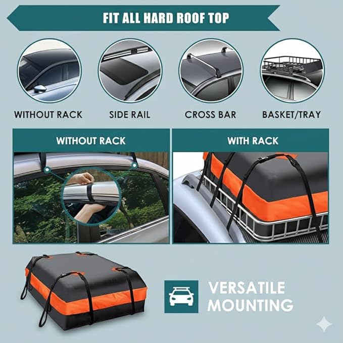 15cu ft Waterproof Car Roof Bag - Universal Fit, Anti-Slip Mat, 8 Straps & Lock Included