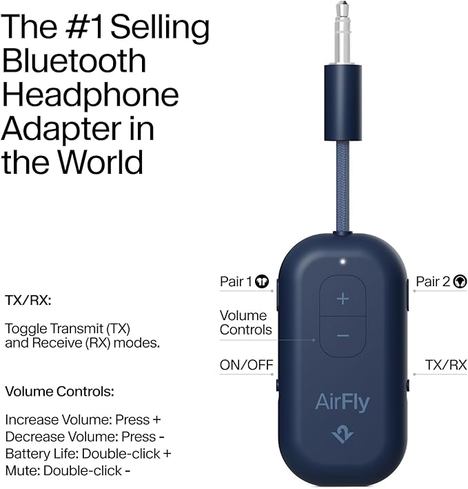 Twelve South AirFly Pro 2 Bluetooth 5.0 Transmitter/Receiver for TV to 2 Wireless Headphones – Wireless Adapter for AirPods, Car, Gym, Home, Use with Any 3.5 mm Audio Jack, Blue
