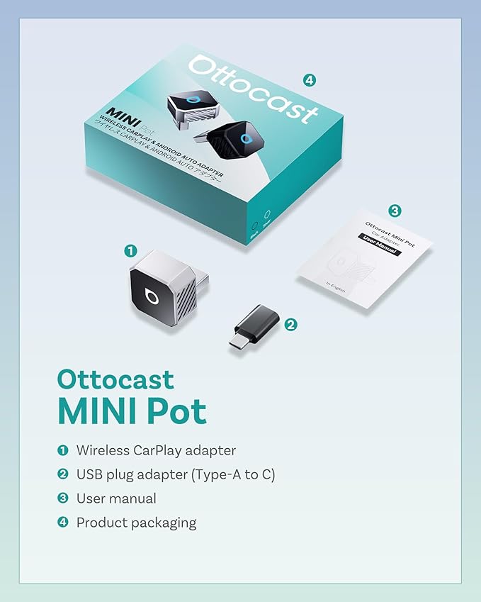 OTTOCAST Mini 3.0 (Pot) 2025 Wireless CarPlay & Android Auto 2-in-1 Adapter, Plug & Play, 5GHz WiFi, Auto Connect for iPhone & Android, Fits 98%+ OEM Wired CarPlay Cars