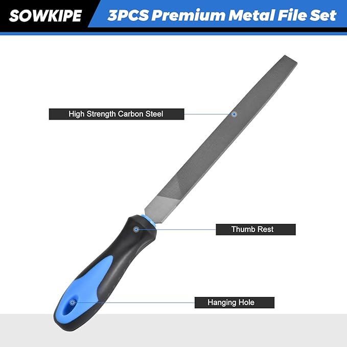 SOWKIPE 3-Piece Metal File Set, Premium High-Carbon Steel Files, 8 Inches, Includes Flat, Round, and Half-Round, Perfect for Metal, Wood, and More