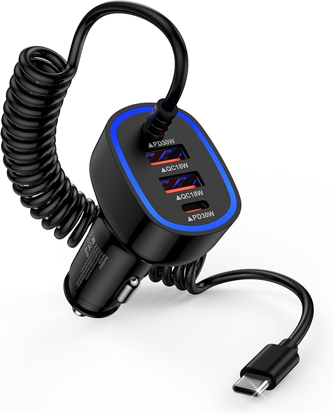 USB C Car Charger 60W Super Fast Car Phone Charger Adapter with 3ft 30W Type-C Coiled Cable for Samsung Galaxy S25 Edge/S25 Ultra/S24/S23/S22/S21/A16/A17/iPhone 17/16e/16 Pro/Pixel 10/9/8