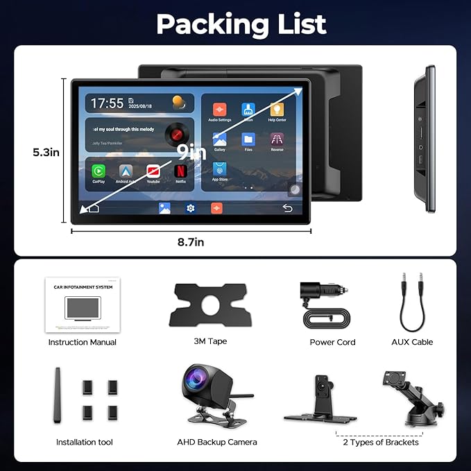 LAMTTO 9" Wireless CarPlay Screen with Net-Flix YouTube Apps Portable Car Play Screen for Apple Carplay and Android Auto with Backup Camera Navigation Bluetooth Voice Control AUX Siri