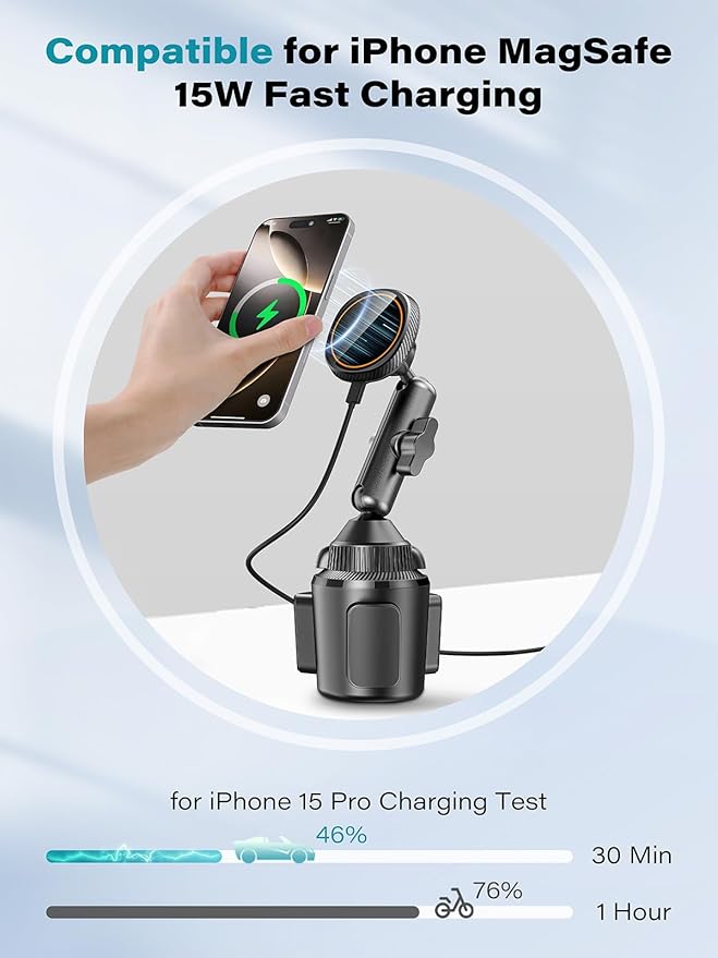 EXELIQ for Qi2 15W Magsafe Car Mount Charger, Car Cup Holder Wireless Car Phone Charger Heat Dissipation Fan, Fast Charging Magnetic Phone Holder for iPhone 17 16 15 14 13 12 [PD 30W Adapter]