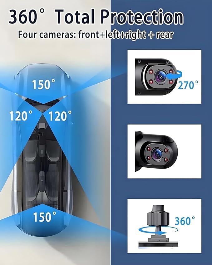 Car Dash Cam Wireless Front Rear 360 Full View 4K Dual Security 24HR Rechargeable 4 Channel Mirror Rearview Interior Auto Video On-Dash Mounted Driving Recorder Truck Electronics Accessory(32G)