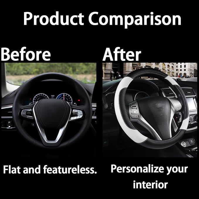 BELOMI Leather Car Steering Wheel Cover, Universal 15 Inch for Car Truck SUV, Non-Slip and Breathable, Sport Style Design Odorless Steering Wheel Protector, Automotive Interior Accessories (White)