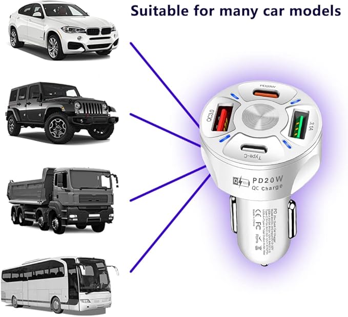 4 Port Car Charger USB C Adapter with LED Light,Quick Charge with Type C/PD 20W/QC 3.0 Fast Charging CCar Cigarette Lighter Adapter for iPhone 14 13 12 S22 S21 S20 iPad Pro& More Car (White)