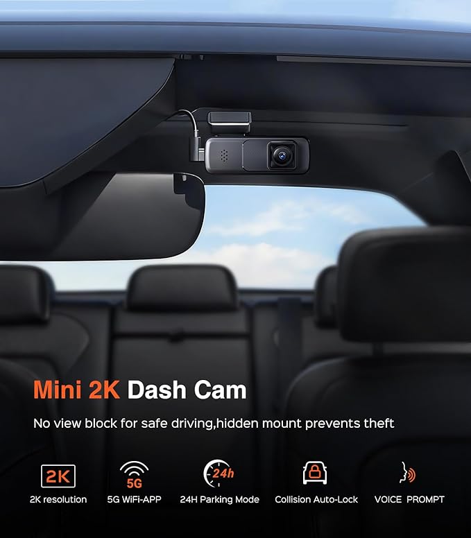 AINAVI Front Dashcam for Cars, Mini 2K Dash Camera, Dash Cam Built-in WiFi Wireless with APP Control, Hidden-Style Single Car Camera/WDR/Night Vision/G-Sensor/24H ParkingMode