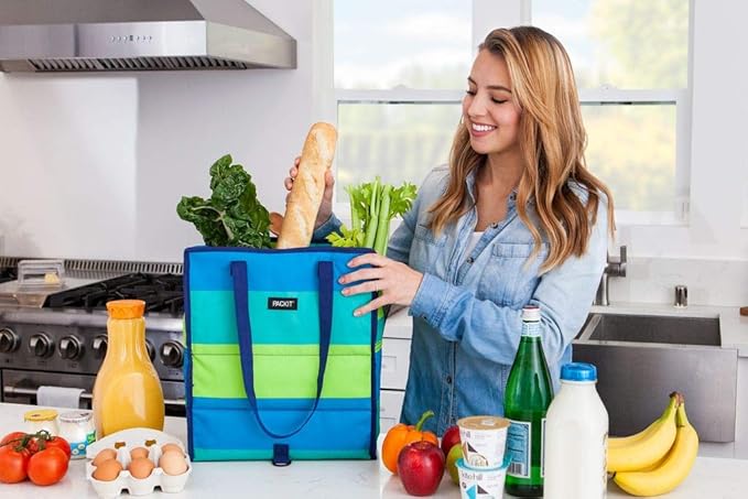 PackIt Freezable Grocery Tote, with EcoFreeze Technology, Foldable, Reusable, Zip Closure, Dual Handles