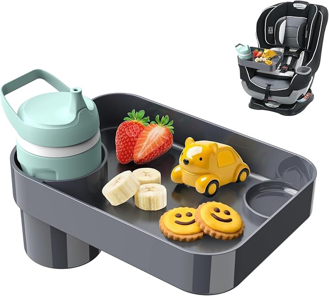 Car Seat Snack Tray for Toddlers - 3 Inch Cup Holder Fits Most Sippy Cups & Straw Bottles with Dip Well, Mess-Free Square Kids Travel Tray Road Trip Essentials, Dark Grey