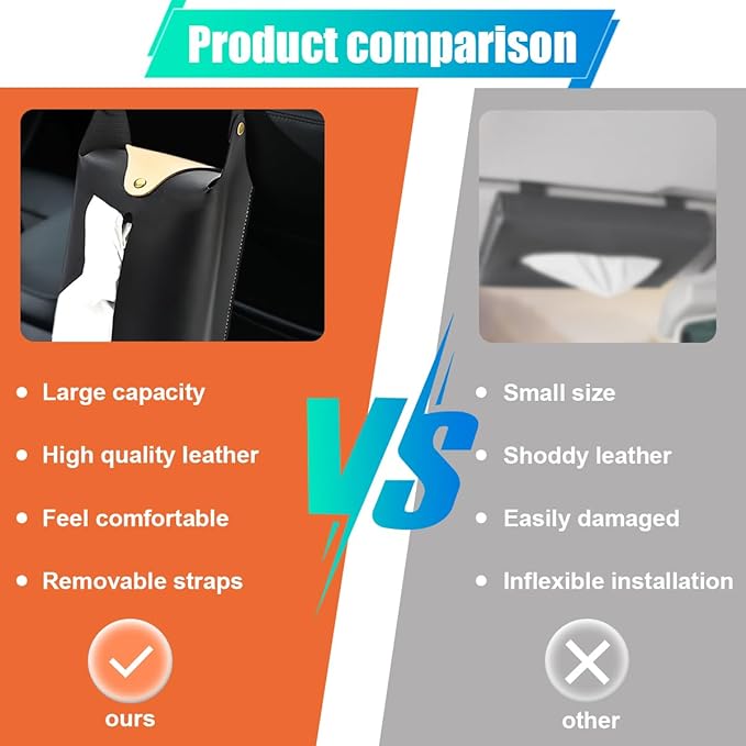 Car Tissue Holder, Large Car Headrest Hanging Tissue Box Cover, PU Leather Auto Napkin Holder, Universal Vehicle Backseat Paper Organizer for Cars Sun Visor (Black)