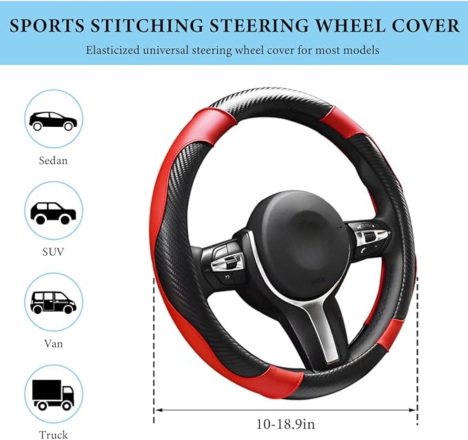 Car Steering Wheel Cover, 15 Inch Anti-Slip Stretch Leather Steering Wheel Protector, Comfortable Breathable Sporty Steering Wheel Cover for Women Men, Car Accessories (Black & Red)