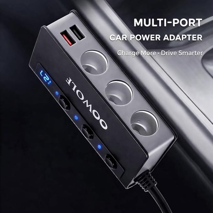OOWOLF 7 in 1 Cigarette Lighter Splitter, 180W Quick Charge 3.0 12V/24V 3-Socket Car Charger Adapter, 4 USB Ports Car Power Adapter Car Splitter, Independent Switches, LED Voltmeter, 2.3FT Cable