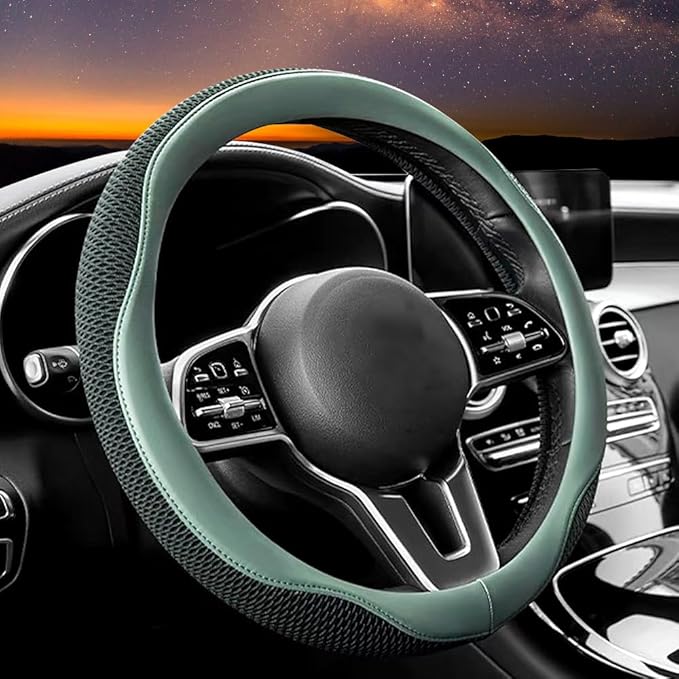 Carodi Car Steering Wheel Cover, Leather and Breathable ice Silk Fabric, Comfortable, Non-Slip, Warm in Winter and Cool in Summer, Universal 15 inch (Green)