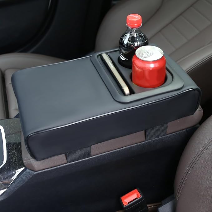 Car Center Console Armrest Pillow with Cup Holder, Leather Middle Console Protection Cushion with Phone Holder, Memory Foam Auto Arm Rest Box Cover, Universal Vehicle Accessories (Black)