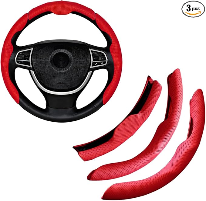 Car Steering Wheel Cover, Nappa Leather 15 Inch Snap-On 3PCS Set Vehicle Steer Wheel Wrap Protector, Non-Slip Automotive Interior Protection Accessories, Universal Fit (Red)