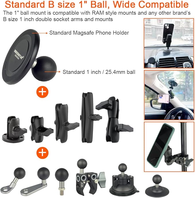 Magnetic Phone Holder Base with B Size 1 inch Ball for Magsafe iPhone 17/16/15/14/13/12 Compatible with RAM mounts B Size Double Socket Arm Magnetic Ball Phone Holder for Car