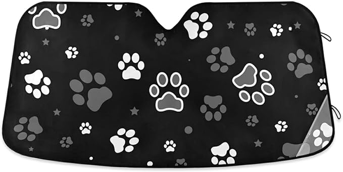 Cute Dog Paw Star Black Car Windshield Sun Shade Foldable UV Ray Sun Visor Protector Sunshade to Keep Your Vehicle Cool (55" x 27.6")