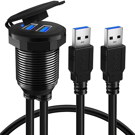 BATIGE Alloy Dual Port USB 3.0 Car Dashboard Flush Mount Cable, Male to Female with LED Indicator Extension Cable for Car Truck Boat Motorcycle Dashboard Panel 1ft