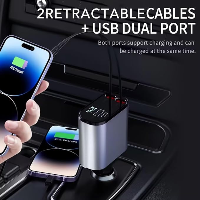 Retractable Car Charger, 4 in 1 Fast Charging 69W, Cigarette Lighter Adapter 2 Retractable iPhone Cables and USB Car Charger,Compatible with iPhone 14/13/12/11,Galaxy,Pixel