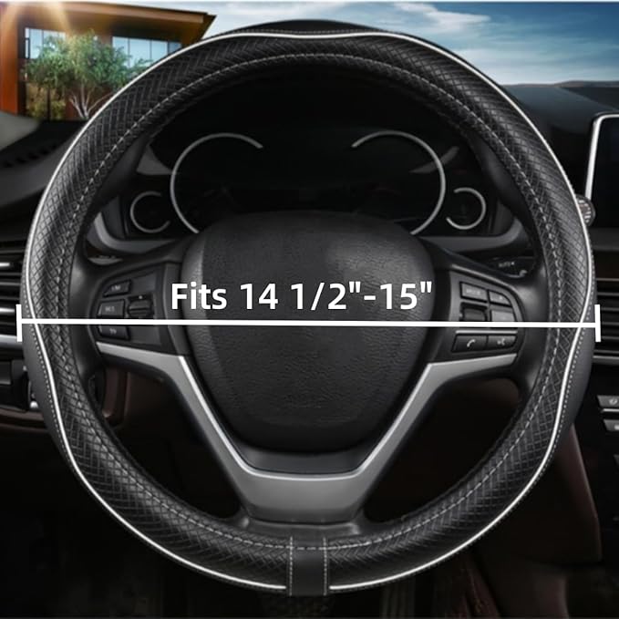 LABBYWAY Microfiber Leather Steering Wheel Cover, Universal 14.5-15 Inch Steering Wheel Anti Slip Car Interior Accessories for Men Women (Black with White Line)