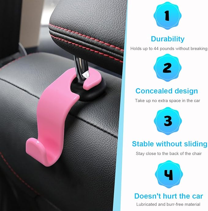 Ziciner Car Seat Headrest Hooks, 4 Pack Auto Durable Backseat Hangers Storage Organizer, Universal Vehicle Interior Holder Accessories for Purse, Grocery Bags, Handbag, Cloths ect (Pink)