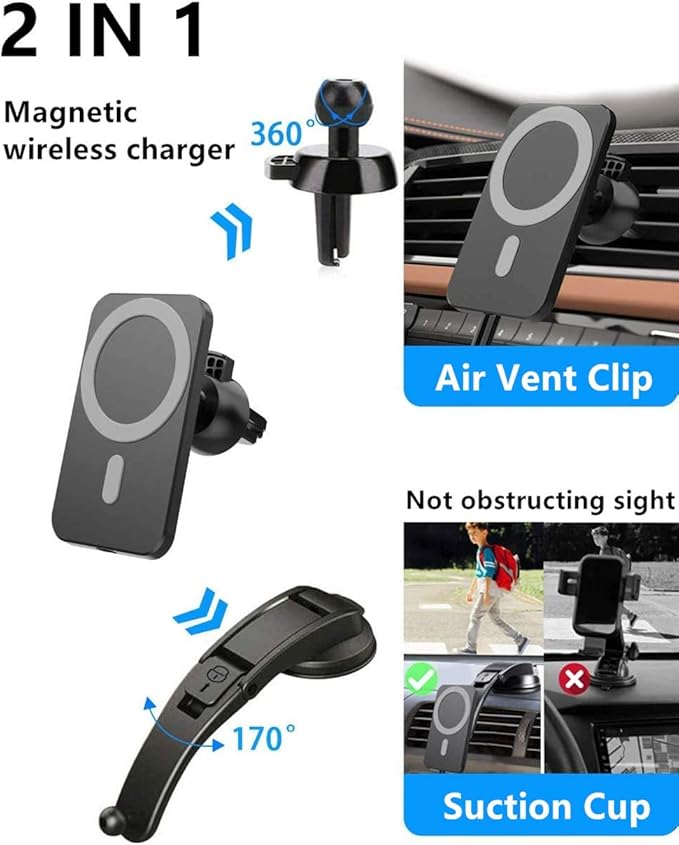 15W Magnetic Wireless Car Charger for iPhone 16/15/14/13/12 Pro Max/Mag-Safe Case, Qi Fast Charging Mount, Dashboard Air Vent Phone Holder for iPhone 16/15/14/13/12