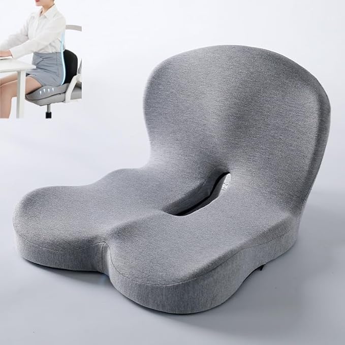 L-Shaped Memory Foam Seat Cushion with Lumbar Support-Ergonomic Car & Office Chair Cushion for Sciatica, Coccyx & Back Pain Relief Supports Hips & Back for Drivers & Long Sitting (Light Grey)