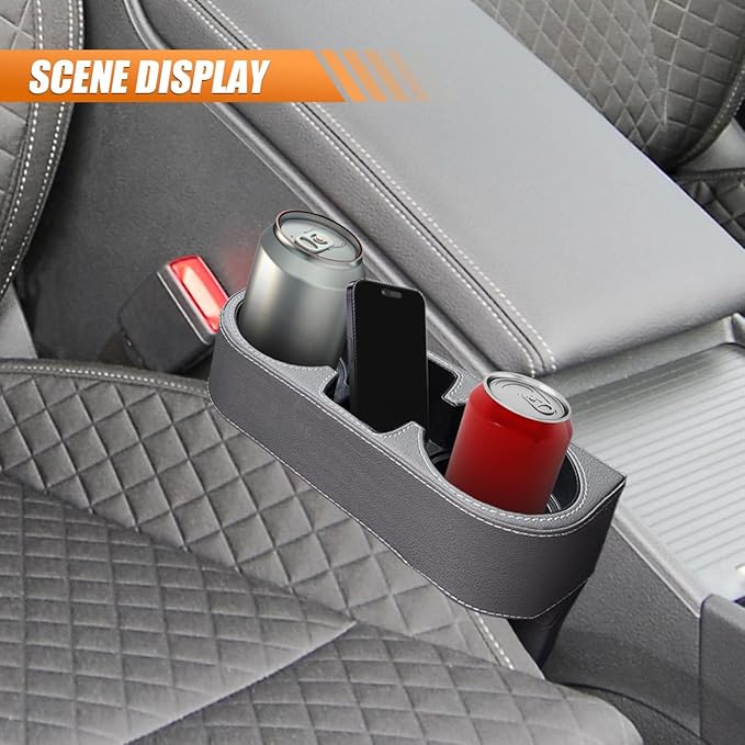 Car Cup Holder, PU Leather Car Seat Gap Filler Organizer Cup Drink Holder, Multifunctional Coin Bucket Cell Mobile Phone Holders, Auto Front Console Storage Box for Most Cars (Gray)