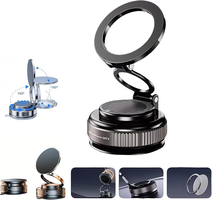 Vacuum Magnetic Car Phone Holder 360° Adjustable Foldable Portable Magnetic Phone Holder for Car for Car/Gym/Mirror/Smooth Surface Suction Cup Phone Mount Compatible for All Smartphones (Obsidian)